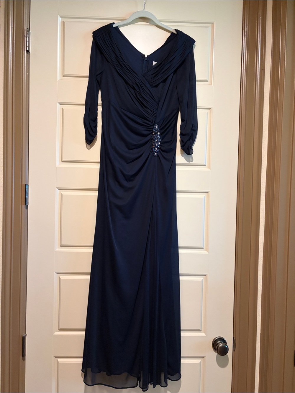 Alex Evenings Navy Blue Long Sleeve Evening Gown with Side Brooch